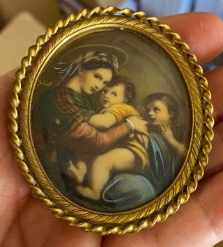 Antique Miniature Painting Framed Signed Mother Mary Madonna 3 " Quality Find