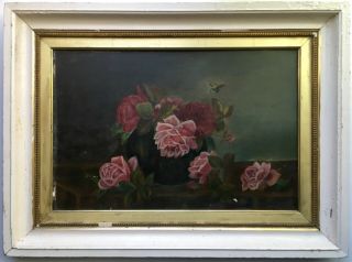 Antique Old 19th Century Og Folk Art Oil Painting Roses Flowers Honey Bee Signed