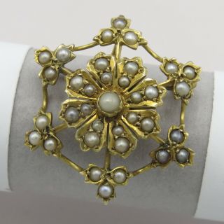 Antique Victorian Edwardian 9k Gold Seed Pearl Flower Clover Brooch Pin Pendant