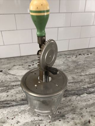 Vintage A&j Hand Mixer Egg Beater Green Wooden Handle