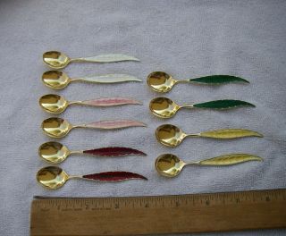 Set 10 Ivar T Holth Norway Guilloche Enamel Coffee Spoons - Feather Pattern