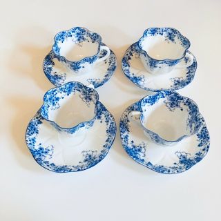 4 Antique Shelley Dainty Blue Tea Cups And Saucers