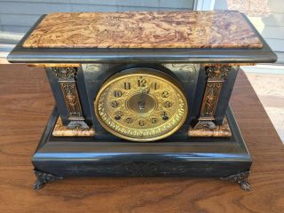 Antique 1899 Seth Thomas Adamantine Black Mantle Clock 102 Lion Pillars Bin$180