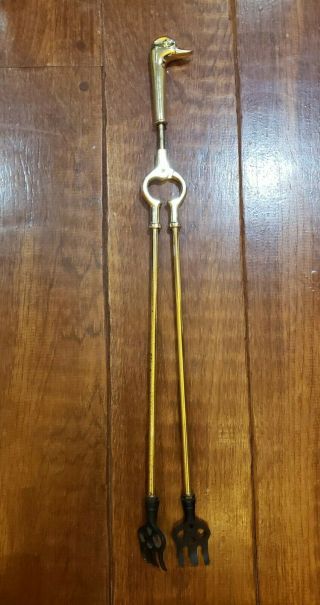 Vintage Brass Tone Fireplace Tool Tongs Duck Head 26.  5” Long Replacement Part