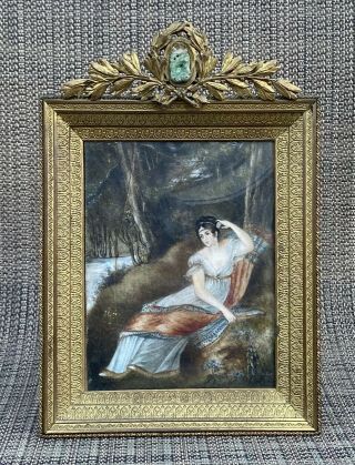 Antique 19th Miniature Painting By Ch Roze Listed Artist Woman In Wood Bronze