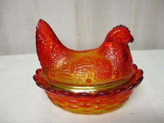 Vintage Red & Yellow Glass Sitting Chicken Dish