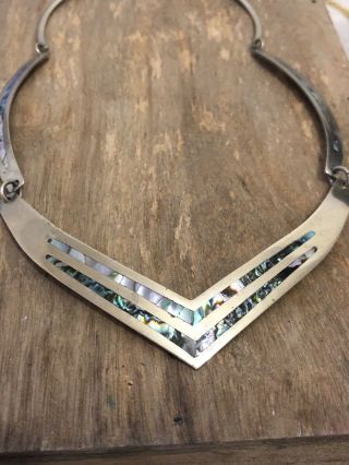Vintage Mexico Alpaca Silver Tone & Abalone / Paua Link V Shape Necklace