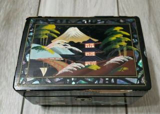 Vintage Black Lacquer Hand Painted Japanese Music Jewelry Box Lock Key