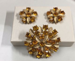 Vintage Sarah Coventry 2 " Round Brooch And Earrings Bright Amber