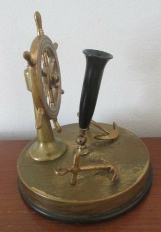 vintage 1950 ' s NAUTICAL Brass PEN HOLDER Anchors Helm 2