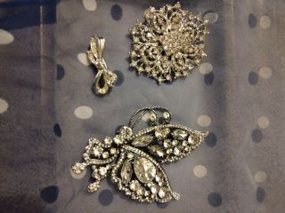 3 Retro Vintage Clear Rhinestone Pins Brooches Abstract Flower Bar Style & Bow