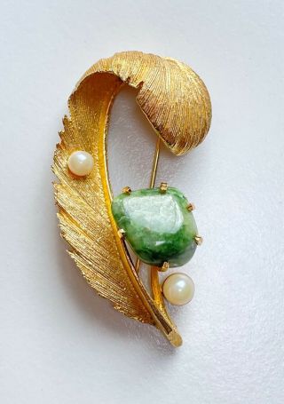 Vtg Lisner Gold Tone Green Stone Feather Brooch Signed 2 1/4 " G03