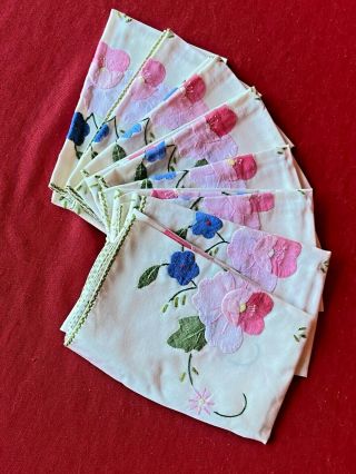 Set Of 8 - Vintage Embroidered Cotton Cloth Napkins Flowers Floral