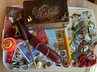 Vintage Junk Drawer Spots Cards,  Coins,  Knife,  Jewelry,  Toys,  Watch,  Match Book