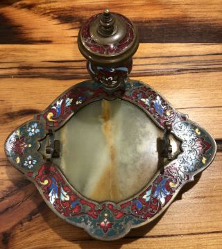 Antique French Gilt Bronze Champleve Cloisonne Enamel Inkwell With Glass Insert