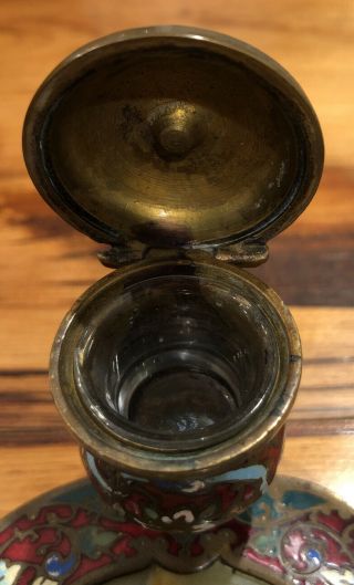 Antique French Gilt Bronze Champleve Cloisonne Enamel Inkwell with Glass Insert 2