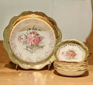 Antique Dresden Porcelain Gold Floral 1 Serving Bowl 6 Salad Dessert Bowls