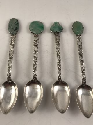4 Antique Chinese Sterling Silver Carved Green Jade Made In China No.  23 Spoons