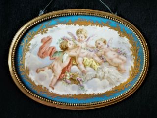Antique Server Hand Painted Oval Porcelain Plaque Of Cherubs In Bronze Frame