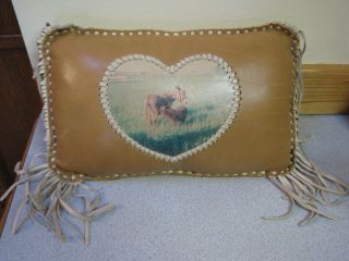 Vintage Hand Made Fringed Leather Decorative Pillow Donkey Burro