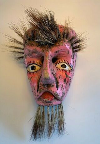 Antique Mexican Hand - Carved And Painted Wooden Mask