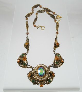 Vint Art Deco Czech Necklace Glass Faux Pearls Filigree Antique Gold 17.  25 " Wow