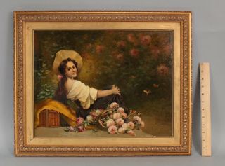 19thc Antique Signed?? Genre Portrait Oil Painting,  Woman Flowers & Butterflies