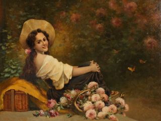 19thC Antique Signed?? Genre Portrait Oil Painting,  Woman Flowers & Butterflies 3