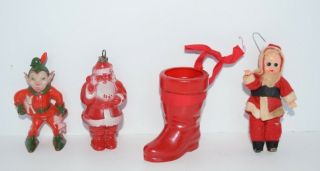 4 Vintage Irwin Plastic Rosco Christmas Ornaments Elf Santa Child Boot