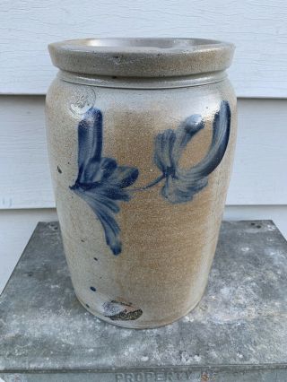 Antique Peter Herrmann Cobalt Blue Decorated Stoneware Salt Glaze Crock 1870’s