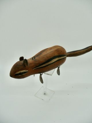 Vintage Ice Fishing Decoy Chipmunk Wood & Metal.  8 1/2 " Long Comes With Stand