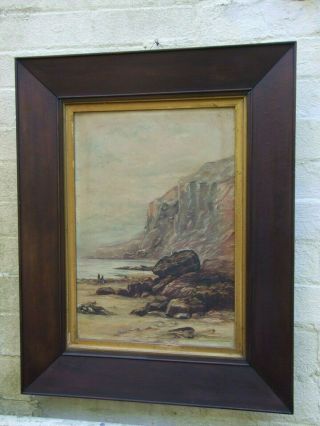 Antique English Oil Painting On Canvas Seascape In Oak Frame C1900 