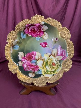 Antique Nippon Bowl Hand Painted Pink & Yellow Roses Encrusted Gold & Moriage Um