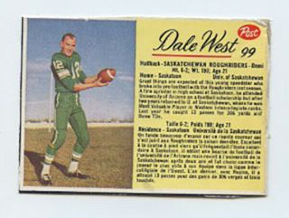 1963 Post Cfl 99 Dale West Extremely Rare Short Print Saskatchewan Roughriders