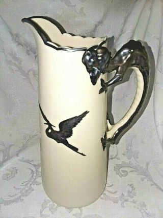 19th C Willets Belleek Pitcher Silver Overlay Dragon & Cranes 9 - 1/2 " Aesthetic