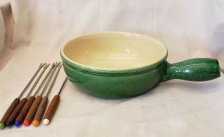 Vintage Landert 20 Green Fondue Pot With Forks Glazed Stoneware