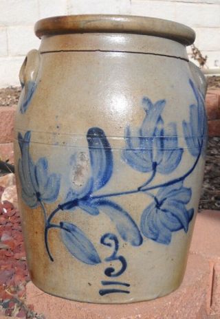 Antique Stoneware Three Gallon Jar W/ Brush Cobalt Decoration