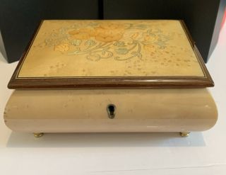 Vintage Reuge Wooden Jewelry Music Box With Floral Inlay Made In Italy