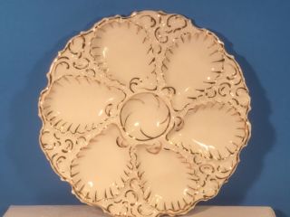 Oyster Plate Antique German Porcelain White & Gold 6 Well Oyster Plate