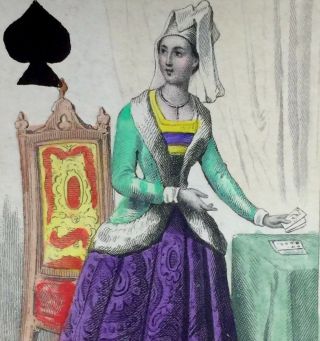 C1850 Hand Colored Antique Playing Cards Historic Queen Of Spades Court Single