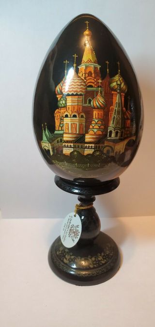 Vintage Large Hand Painted Russian Lacquer Egg And Stand 1