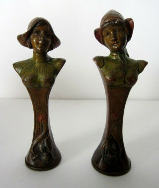 Set Of 2 Antique Art Nouveau Cold Painted Vienna Bronze Dutch Women Wax Seals