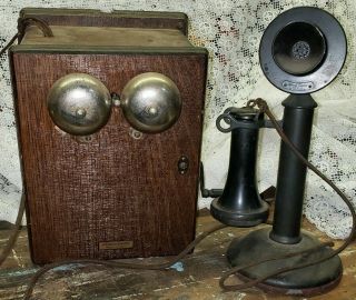 Antique Western Electric Telephone Candlestick Oak Ringer Box