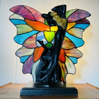 Vintage Jb Hirsch Art Deco Nouveau Stained Glass Butterfly Lady Spelter Lamp