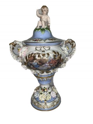 14” Antique Dresden Porcelain Floral Encrusted Lidded Urn Vase