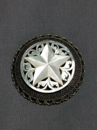 Vintage 950 Silver Jerusalem Carved Mother Of Pearl Star Pin Brooch / Pendant