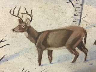 Vintage Folk Art Oil Painting Rustic Deer Hunting Framed Signed Unknown Artist