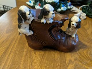 Vintage Lego Fine Quality Porcelain Japan Old Boot With Spaniel Puppies Planter
