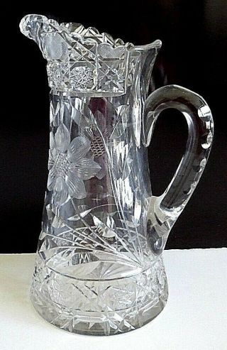 Antique American Brilliant Cut Crystal Glass Handle 11 " Tall Water Pitcher Eapg