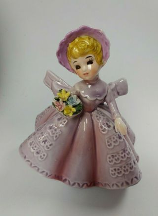 Vintage Lefton Girl Figurine With Flower Bouquet Purple Bow Dress 4227